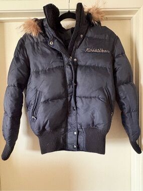 Vintage Y2K Rocawear Down Filled Faux Fur Hood Puffer Bomber Jacket Size S